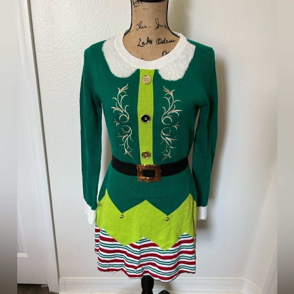 Women’s Green Holiday Elf Sweater Dress with White Collar